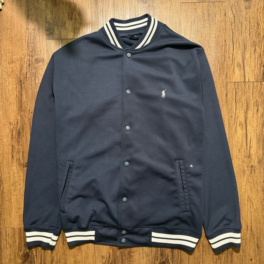 Navy Blue Ralph Lauren Varsity Jacket white pony embroidered logo white stripes